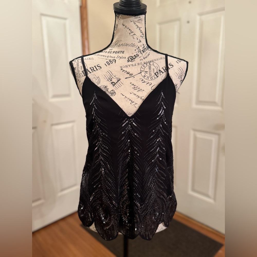 Express Sequin feather sexy black spaghetti strap top size Small